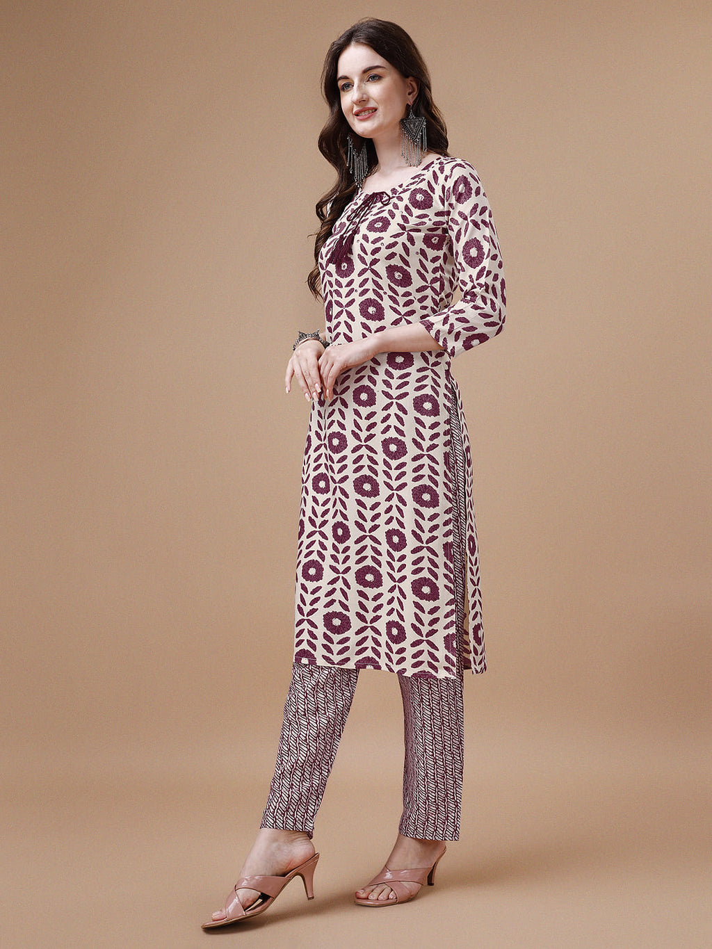 Women Tie Up Tassel Neck Printed Kurta With Pant, Multicolor - Hiral Fashion