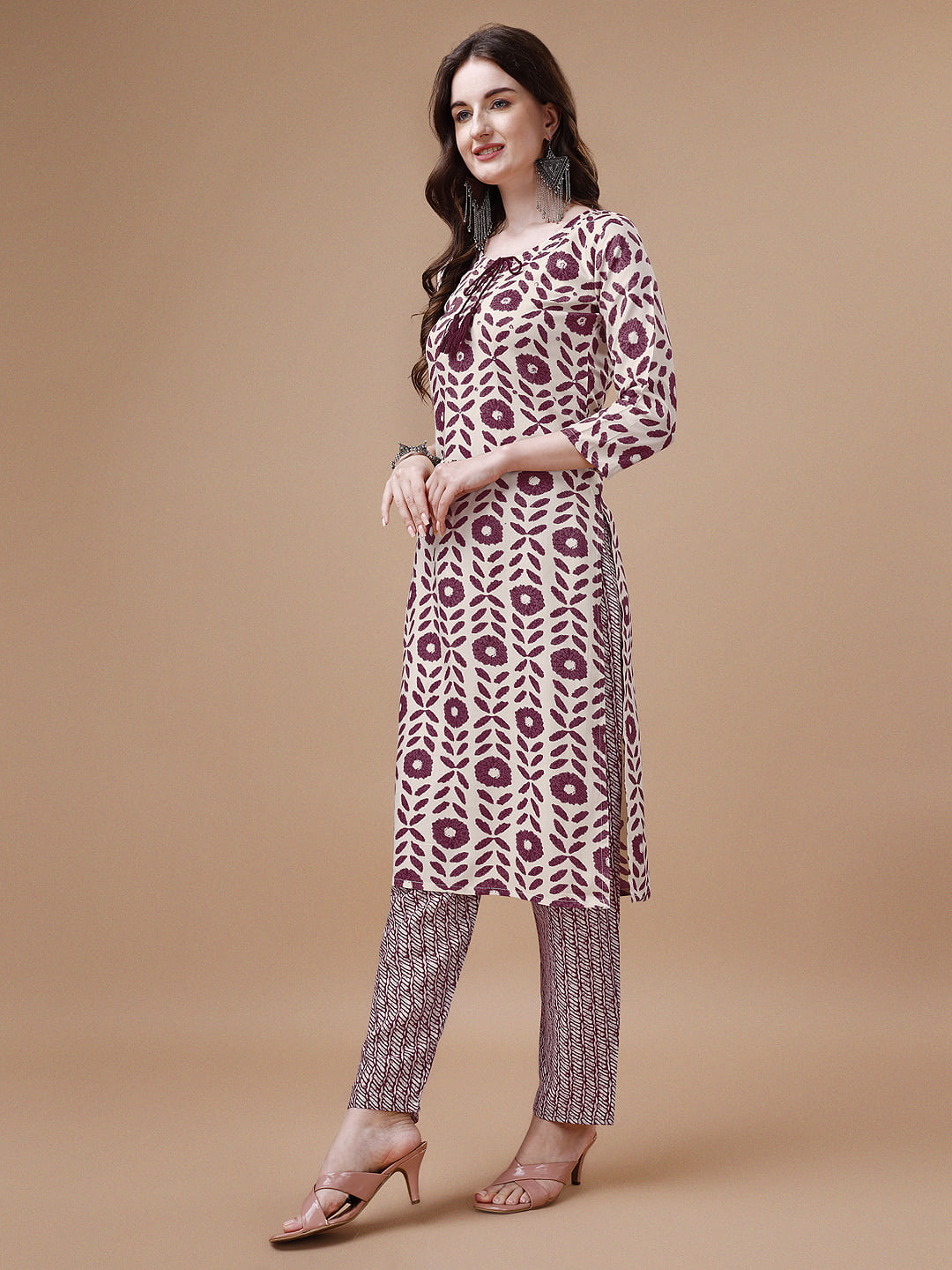 Women Tie Up Tassel Neck Printed Kurta With Pant, Multicolor - Hiral Fashion