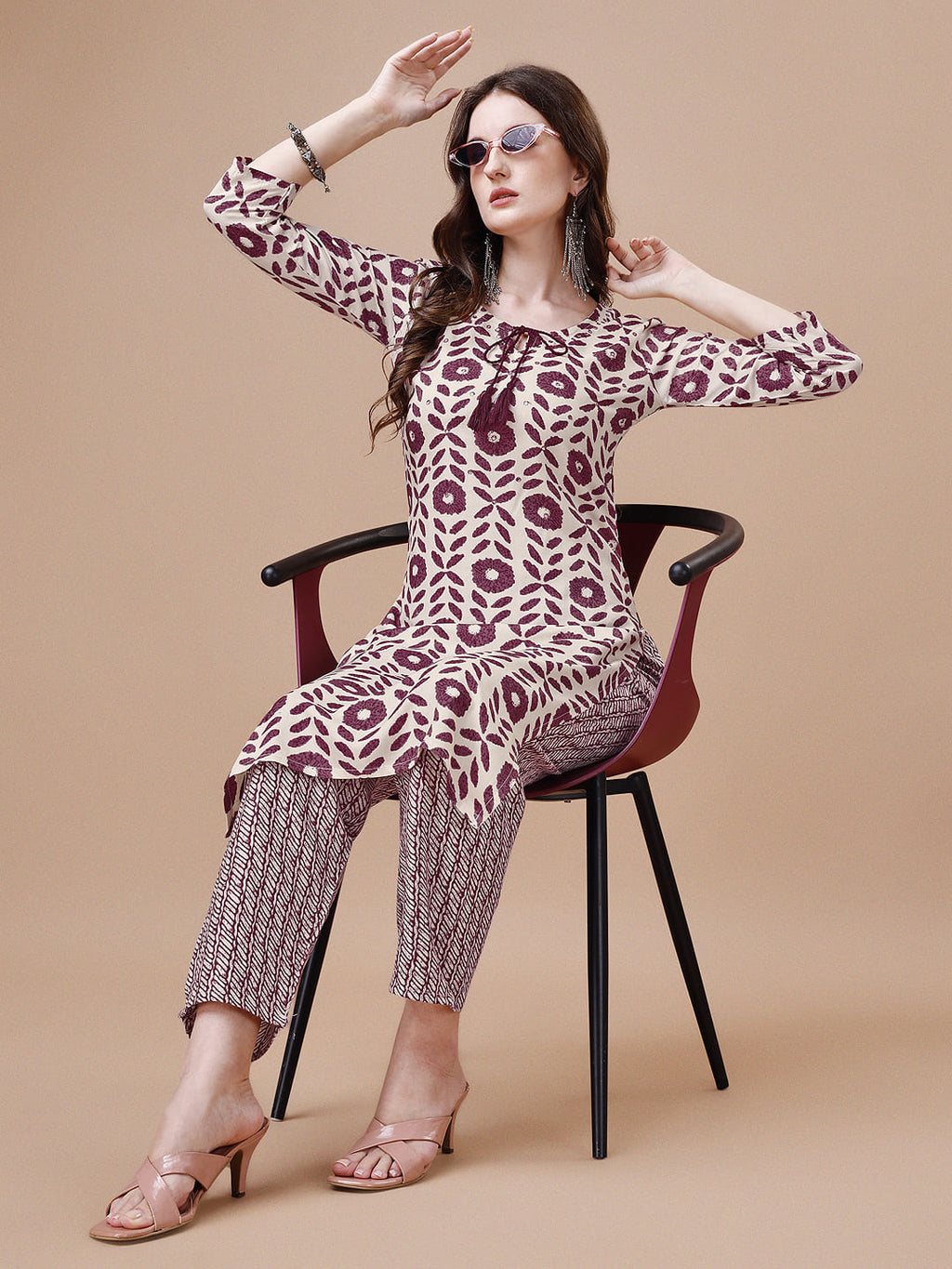 Women Tie Up Tassel Neck Printed Kurta With Pant, Multicolor - Hiral Fashion