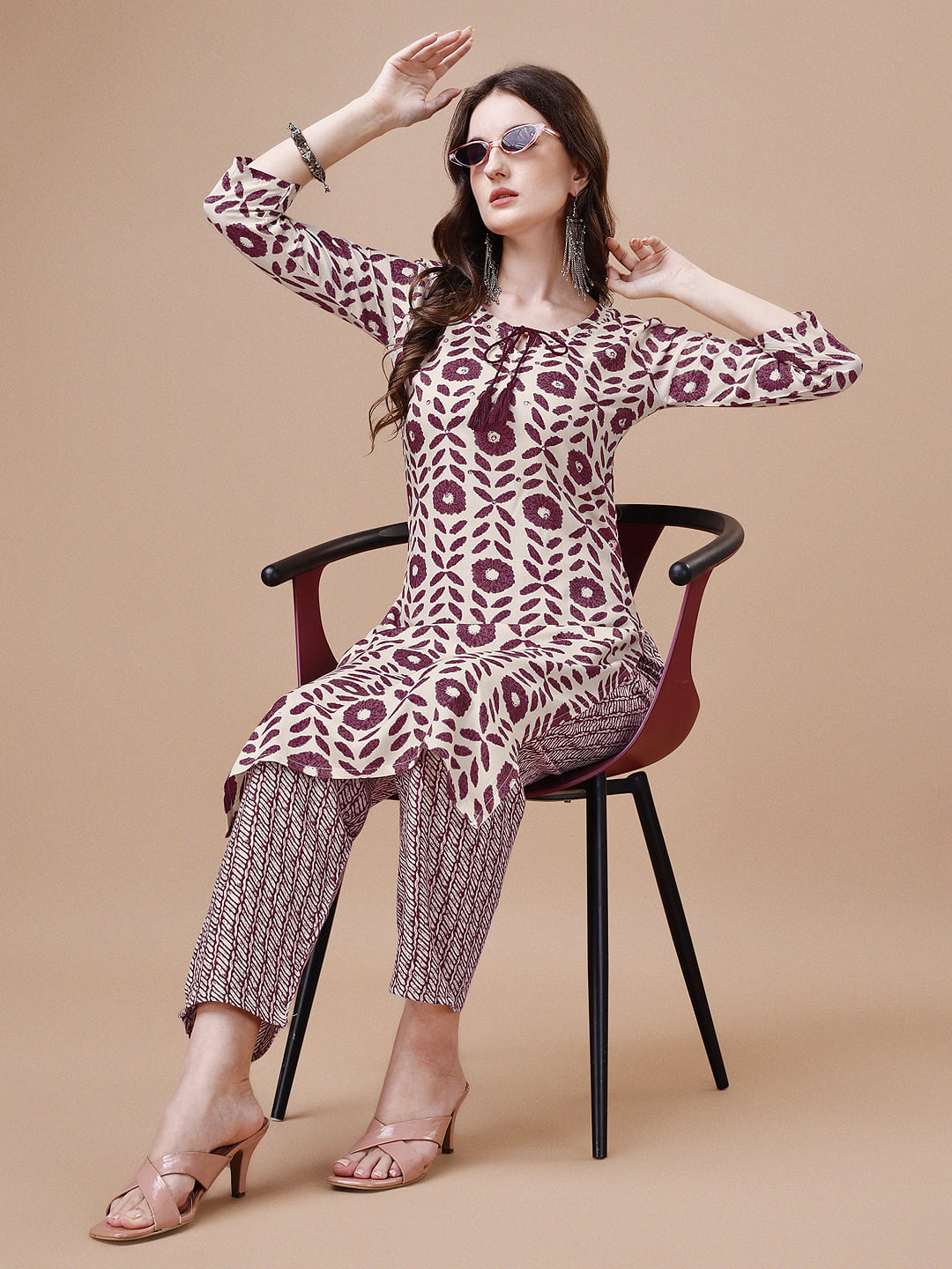 Women Tie Up Tassel Neck Printed Kurta With Pant, Multicolor - Hiral Fashion