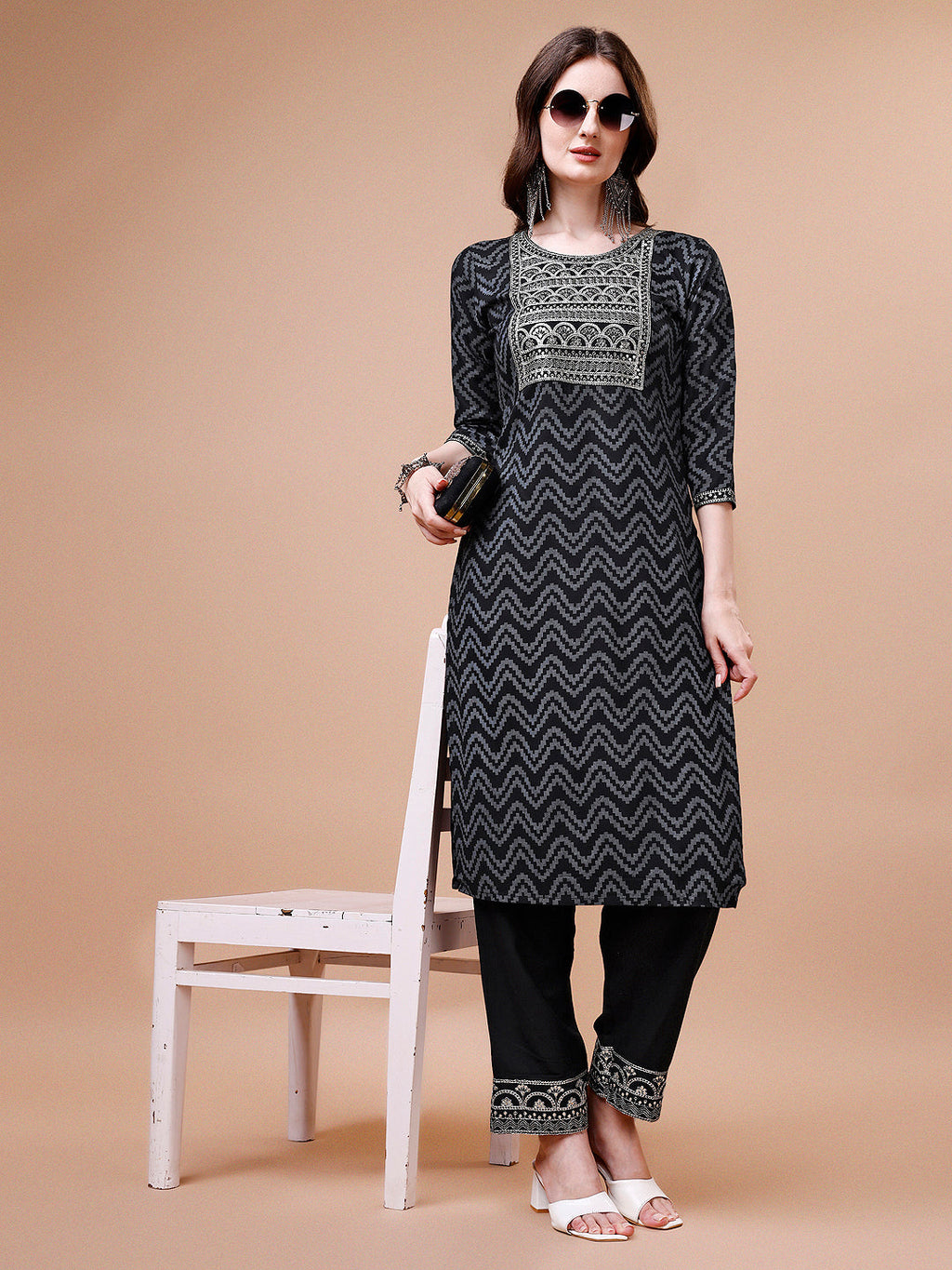 Embroidered Chevron Printed Cotton Kurta With Pant, Multicolor - Hiral Fashion - Distacart