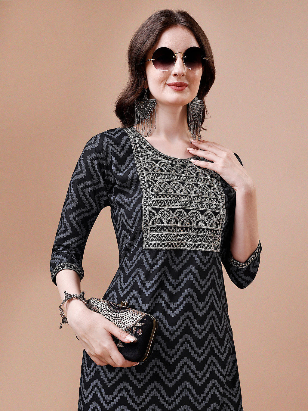 Embroidered Chevron Printed Cotton Kurta With Pant, Multicolor - Hiral Fashion - Distacart