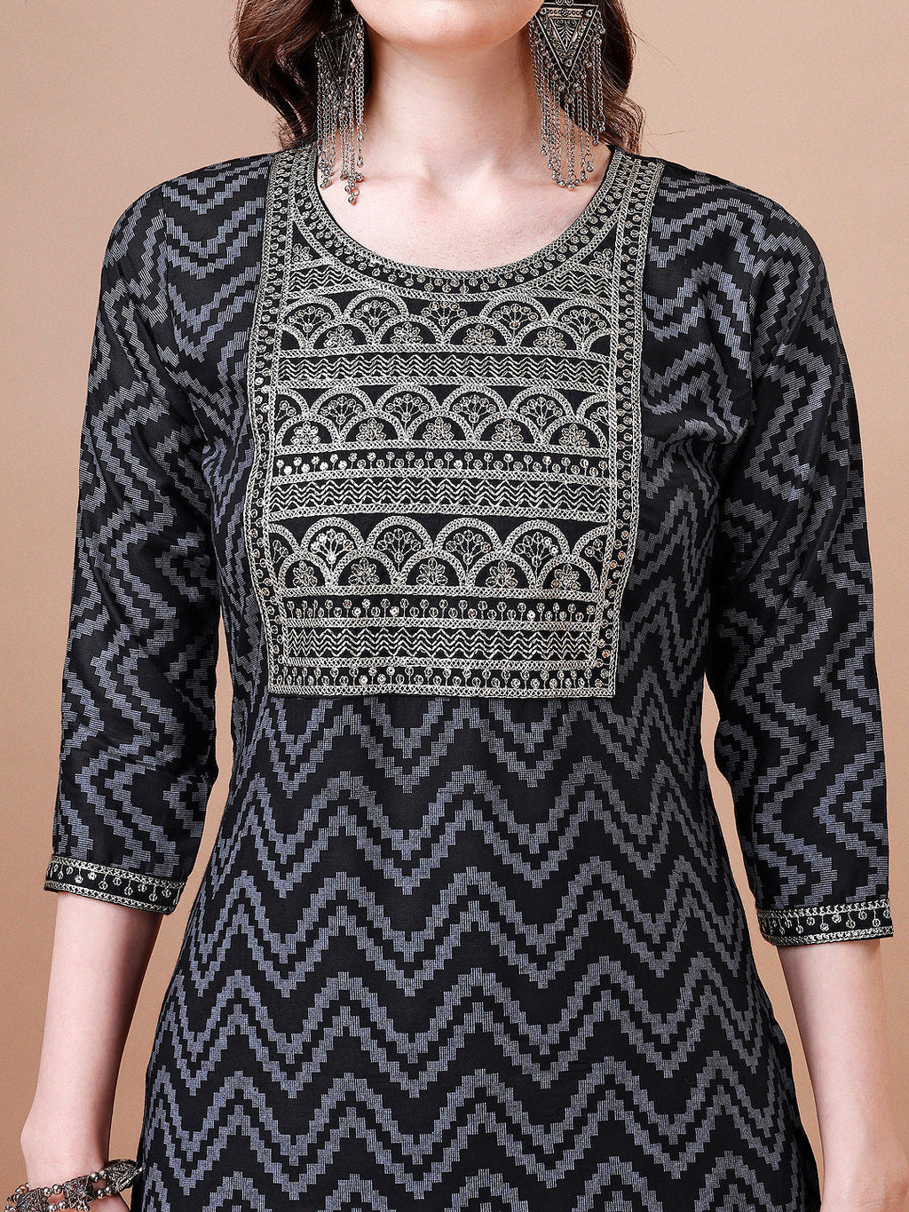 Embroidered Chevron Printed Cotton Kurta With Pant, Multicolor - Hiral Fashion - Distacart