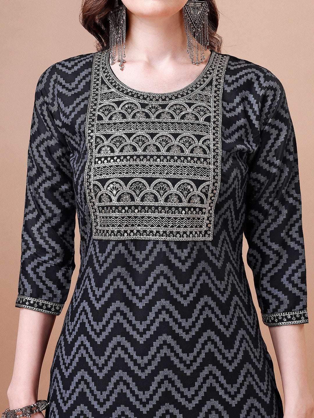 Embroidered Chevron Printed Cotton Kurta With Pant, Multicolor - Hiral Fashion - Distacart