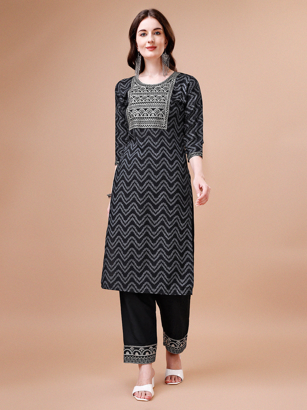 Embroidered Chevron Printed Cotton Kurta With Pant, Multicolor - Hiral Fashion - Distacart