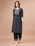 Embroidered Chevron Printed Cotton Kurta With Pant, Multicolor - Hiral Fashion - Distacart