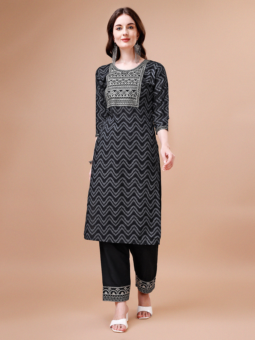Embroidered Chevron Printed Cotton Kurta With Pant, Multicolor - Hiral Fashion - Distacart