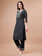 Embroidered Chevron Printed Cotton Kurta With Pant, Multicolor - Hiral Fashion - Distacart