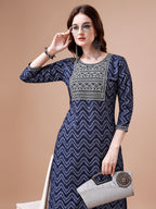 Embroidered Chevron Printed Cotton Kurta With Pant, Multicolor - Hiral Fashion - Distacart