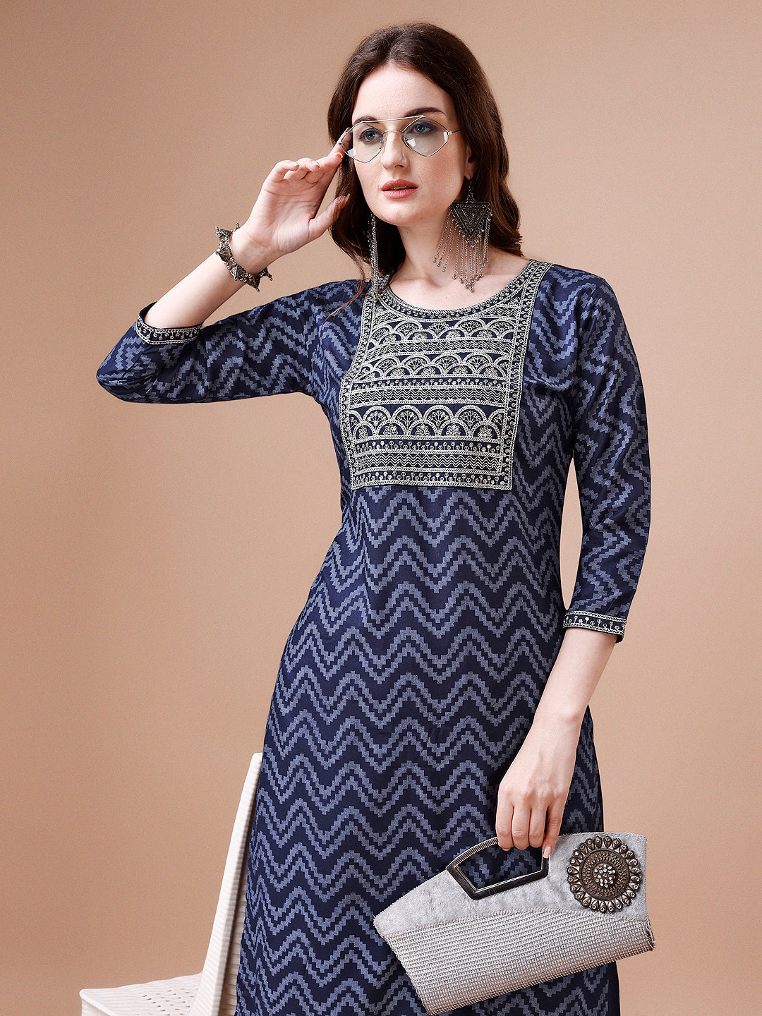 Embroidered Chevron Printed Cotton Kurta With Pant, Multicolor - Hiral Fashion - Distacart