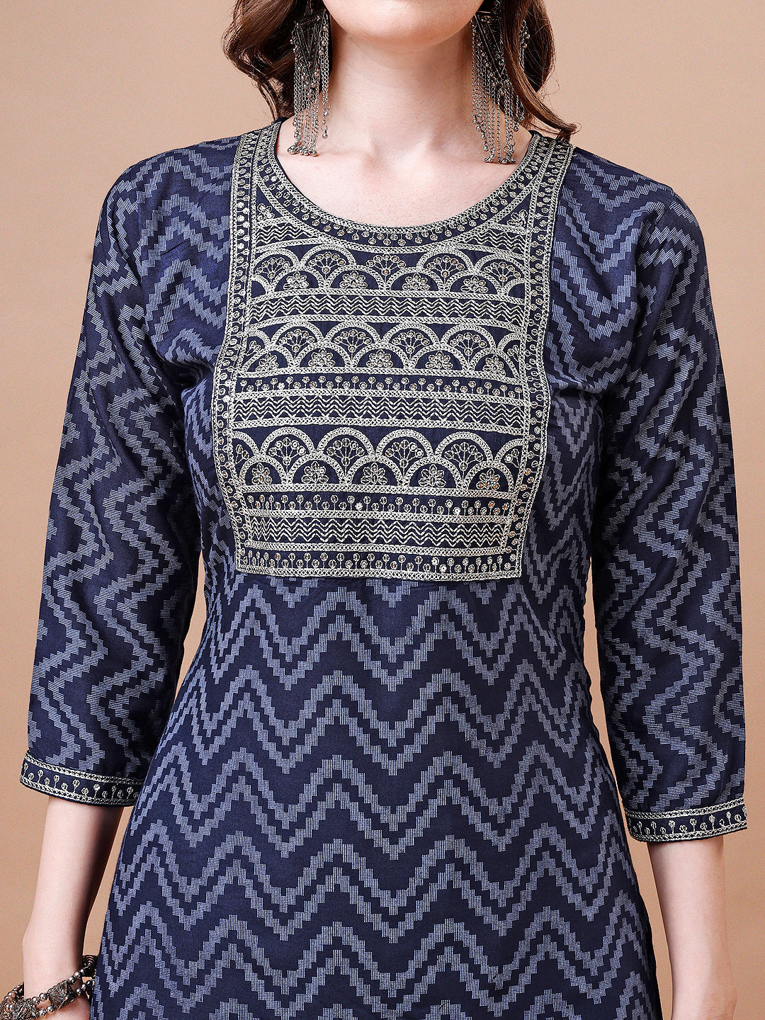 Embroidered Chevron Printed Cotton Kurta With Pant, Multicolor - Hiral Fashion - Distacart