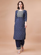 Embroidered Chevron Printed Cotton Kurta With Pant, Multicolor - Hiral Fashion - Distacart