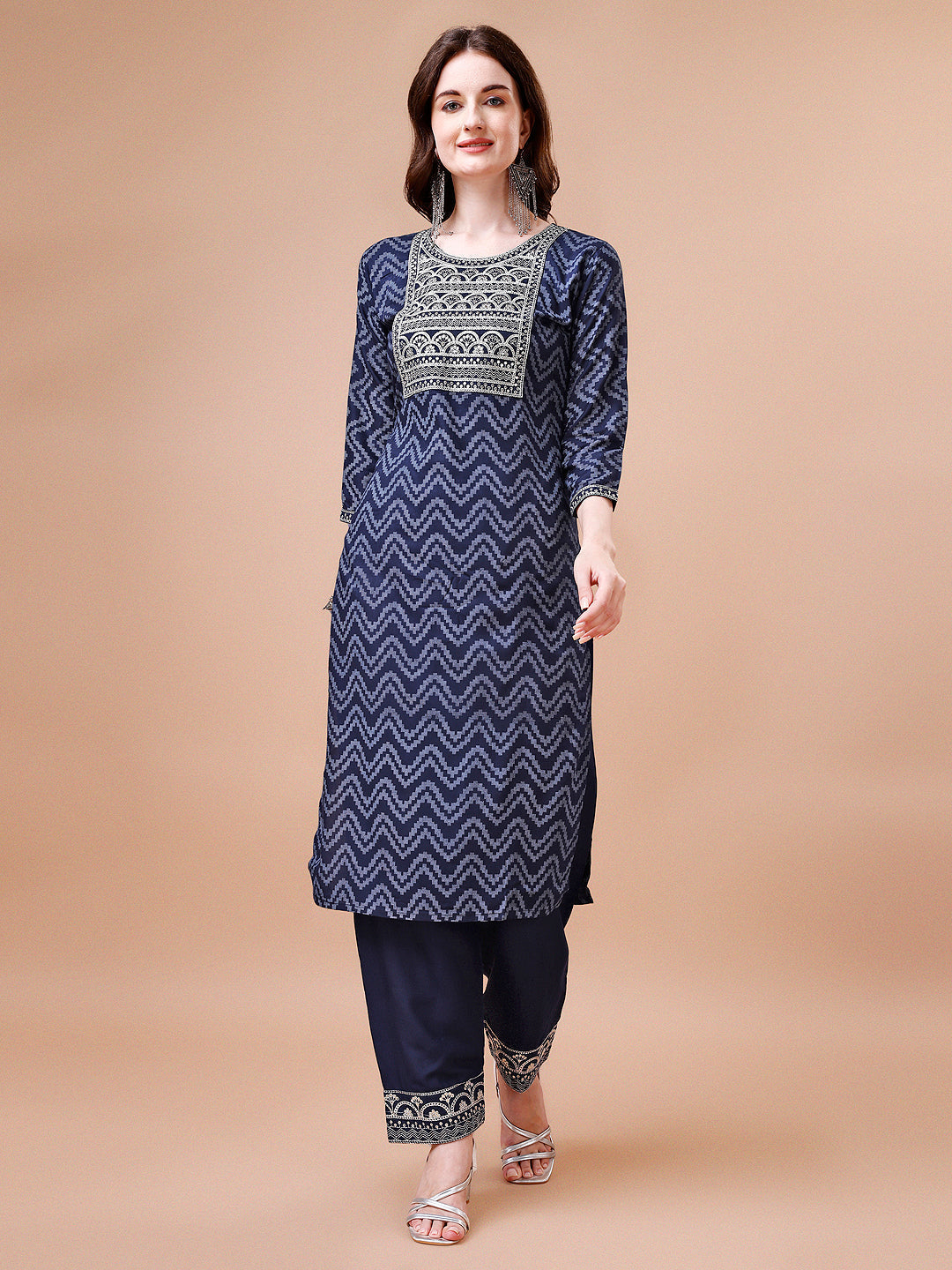 Embroidered Chevron Printed Cotton Kurta With Pant, Multicolor - Hiral Fashion - Distacart