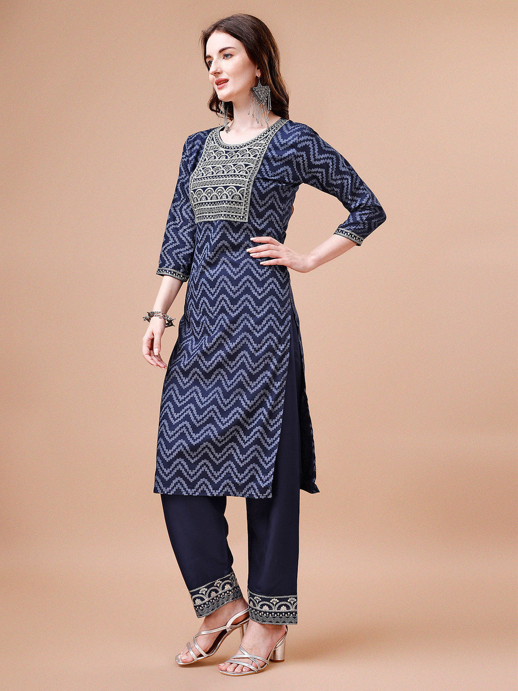 Embroidered Chevron Printed Cotton Kurta With Pant, Multicolor - Hiral Fashion - Distacart