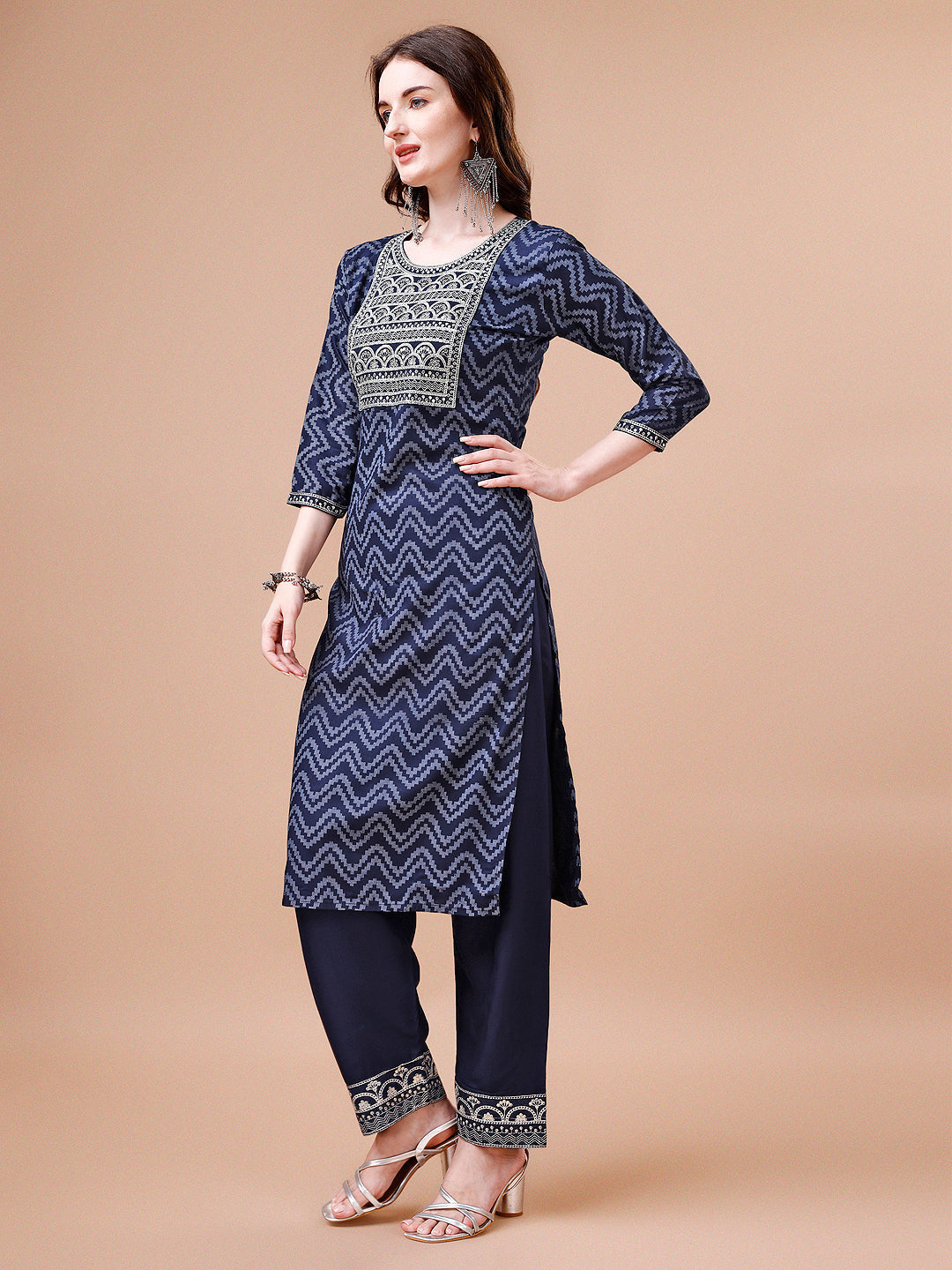 Embroidered Chevron Printed Cotton Kurta With Pant, Multicolor - Hiral Fashion - Distacart