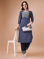 Embroidered Chevron Printed Cotton Kurta With Pant, Multicolor - Hiral Fashion - Distacart