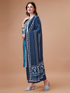Embroidered And Striped Printed Indigo Kurta With Pant & Printed Dupatta, Multicolor - Hiral Fashion