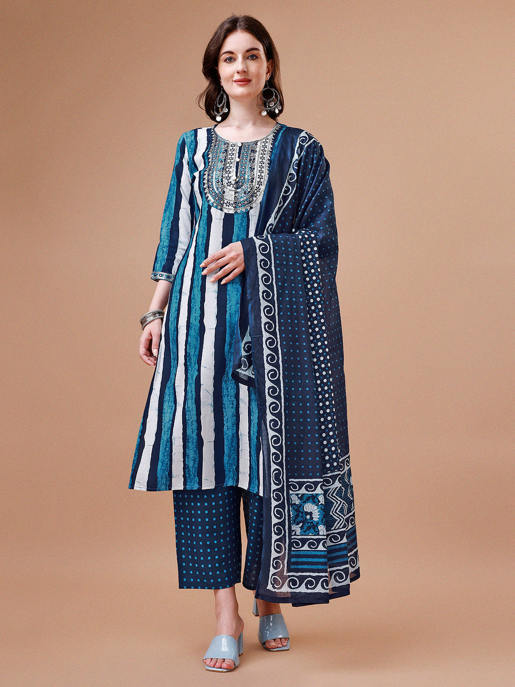 Embroidered And Striped Printed Indigo Kurta With Pant & Printed Dupatta, Multicolor - Hiral Fashion