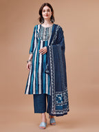 Embroidered And Striped Printed Indigo Kurta With Pant & Printed Dupatta, Multicolor - Hiral Fashion