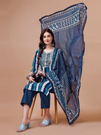 Embroidered And Striped Printed Indigo Kurta With Pant & Printed Dupatta, Multicolor - Hiral Fashion