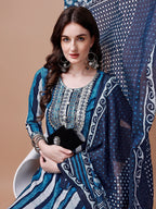 Embroidered And Striped Printed Indigo Kurta With Pant & Printed Dupatta, Multicolor - Hiral Fashion