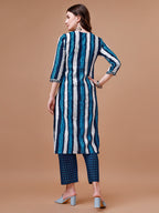 Embroidered And Striped Printed Indigo Kurta With Pant & Printed Dupatta, Multicolor - Hiral Fashion