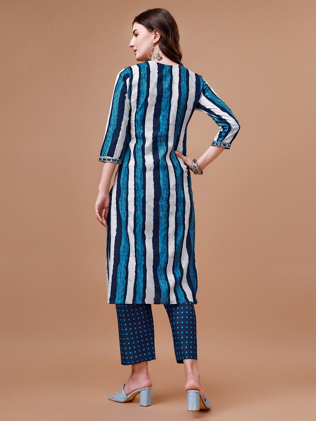 Embroidered And Striped Printed Indigo Kurta With Pant & Printed Dupatta, Multicolor - Hiral Fashion