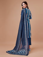 Embroidered And Striped Printed Indigo Kurta With Pant & Printed Dupatta, Multicolor - Hiral Fashion