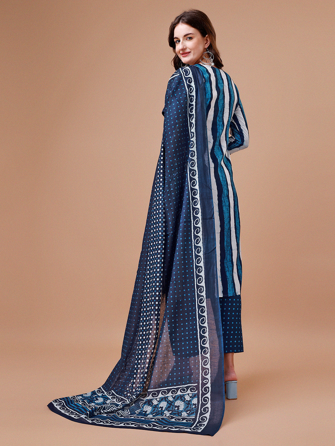 Embroidered And Striped Printed Indigo Kurta With Pant & Printed Dupatta, Multicolor - Hiral Fashion