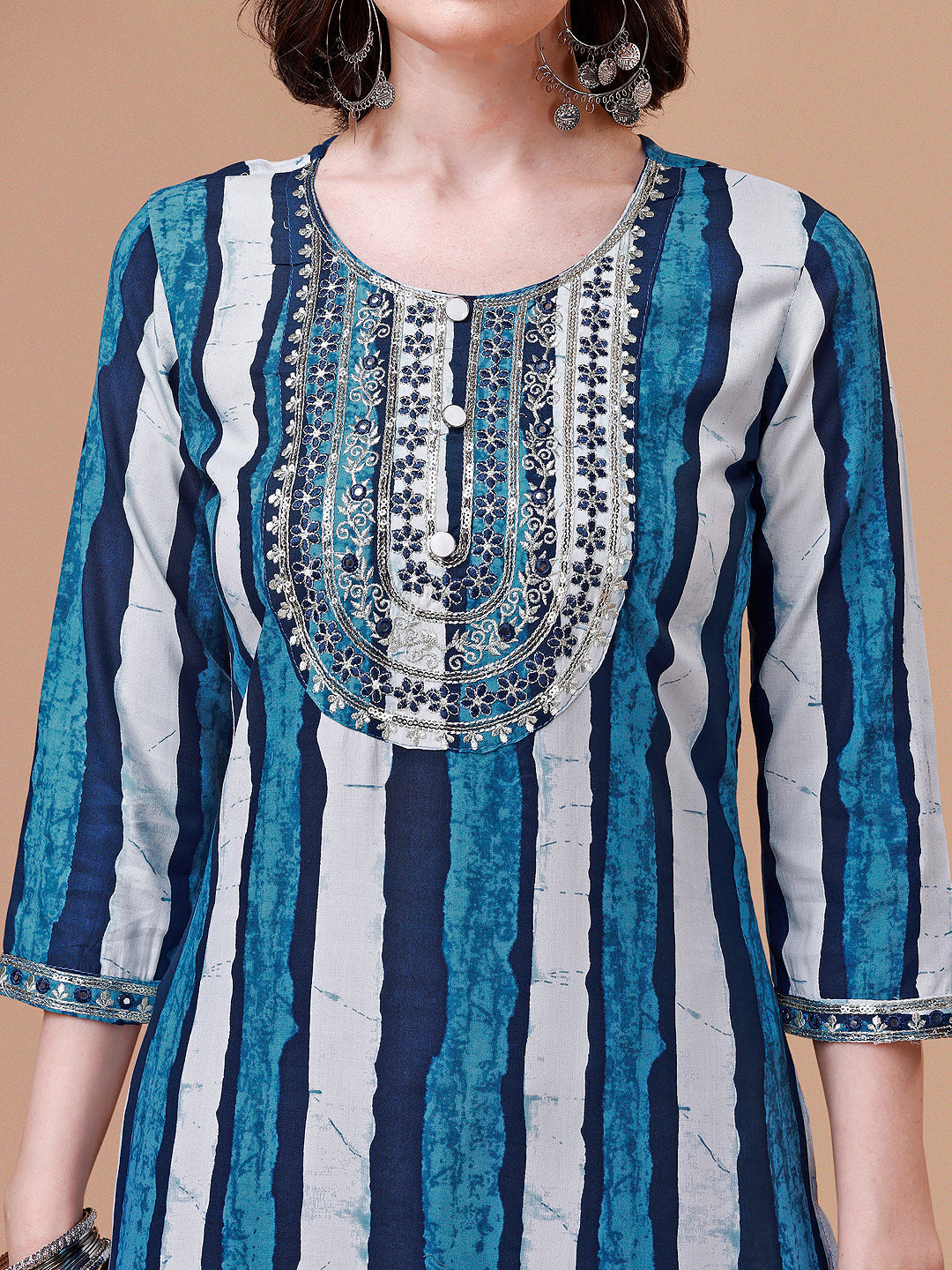 Embroidered And Striped Printed Indigo Kurta With Pant & Printed Dupatta, Multicolor - Hiral Fashion
