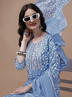 Embroidered & Floral Printed Cotton Kurta With Pant & Dupatta Set, Multicolor - Hiral Fashion - Distacart