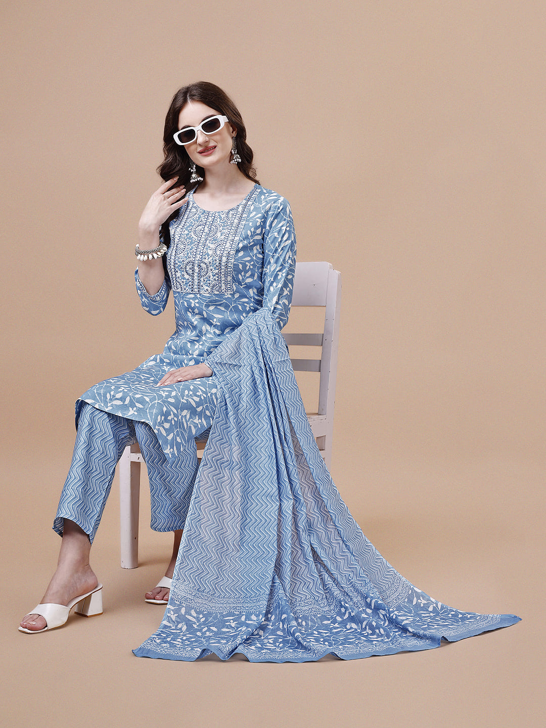 Embroidered & Floral Printed Cotton Kurta With Pant & Dupatta Set, Multicolor - Hiral Fashion - Distacart