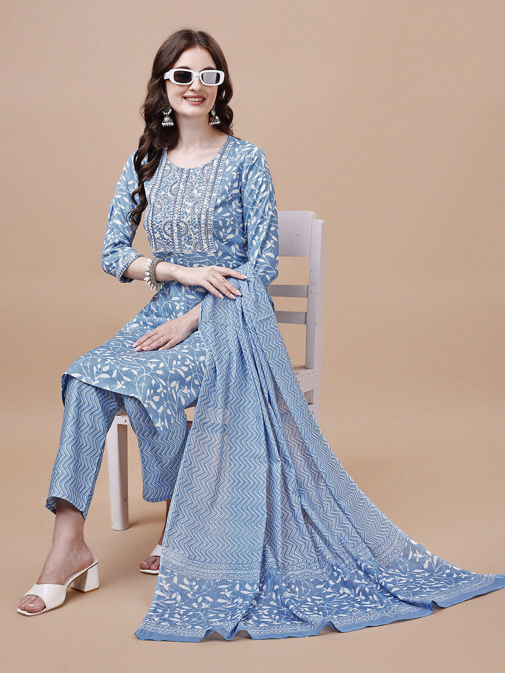 Embroidered & Floral Printed Cotton Kurta With Pant & Dupatta Set, Multicolor - Hiral Fashion - Distacart