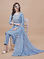 Embroidered & Floral Printed Cotton Kurta With Pant & Dupatta Set, Multicolor - Hiral Fashion - Distacart