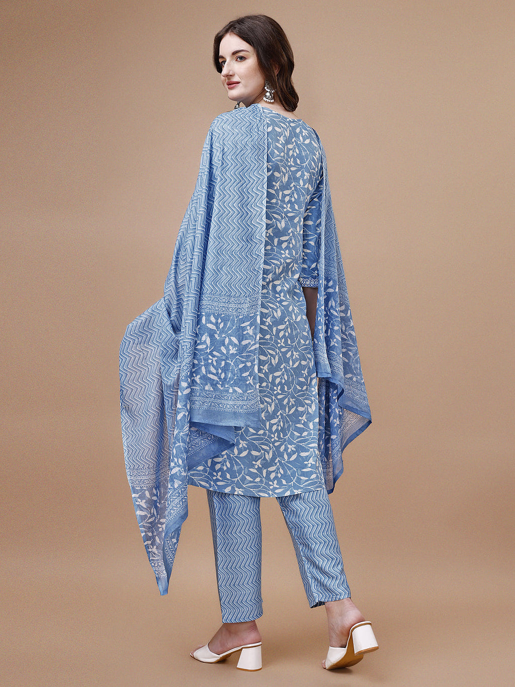 Embroidered & Floral Printed Cotton Kurta With Pant & Dupatta Set, Multicolor - Hiral Fashion - Distacart