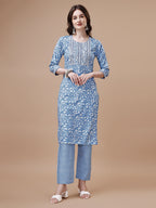 Embroidered & Floral Printed Cotton Kurta With Pant & Dupatta Set, Multicolor - Hiral Fashion - Distacart