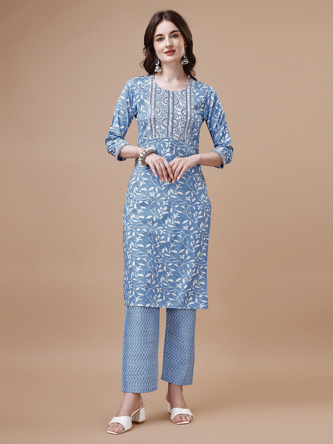 Embroidered & Floral Printed Cotton Kurta With Pant & Dupatta Set, Multicolor - Hiral Fashion - Distacart
