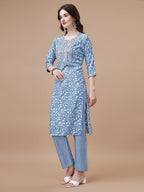 Embroidered & Floral Printed Cotton Kurta With Pant & Dupatta Set, Multicolor - Hiral Fashion - Distacart