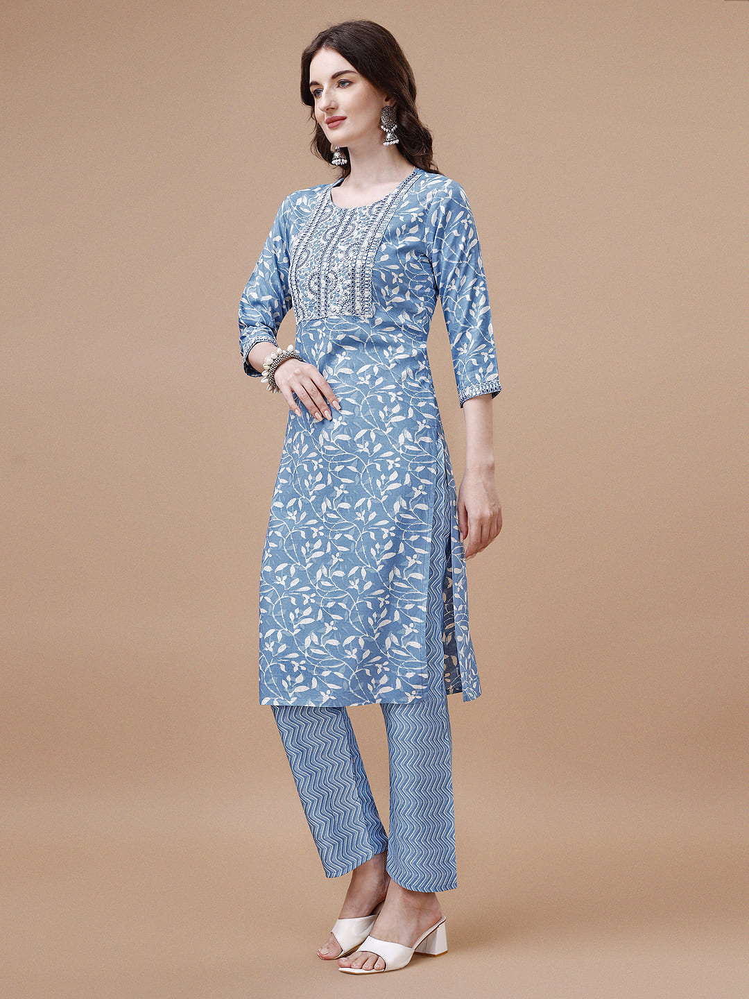 Embroidered & Floral Printed Cotton Kurta With Pant & Dupatta Set, Multicolor - Hiral Fashion - Distacart