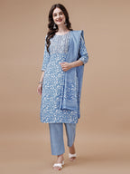 Embroidered & Floral Printed Cotton Kurta With Pant & Dupatta Set, Multicolor - Hiral Fashion - Distacart