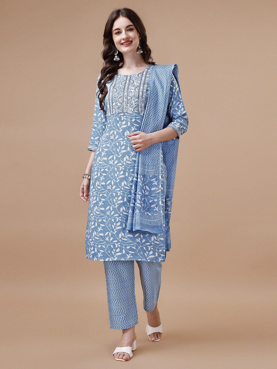Embroidered & Floral Printed Cotton Kurta With Pant & Dupatta Set, Multicolor - Hiral Fashion - Distacart