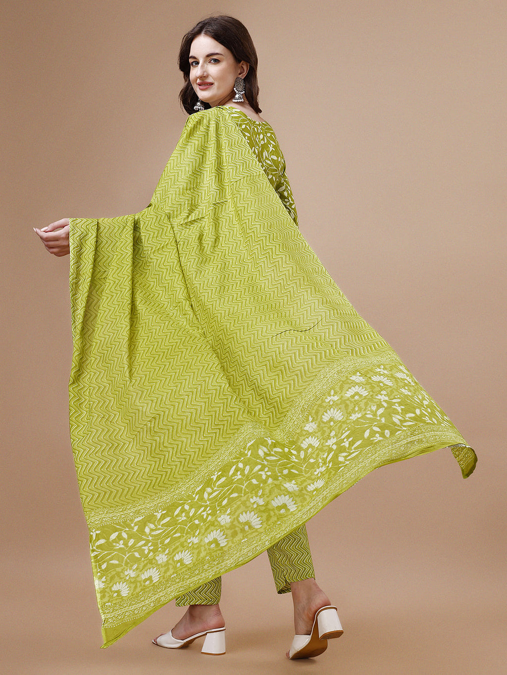 Embroidered & Floral Printed Cotton Kurta With Pant & Dupatta Set, Multicolor - Hiral Fashion - Distacart