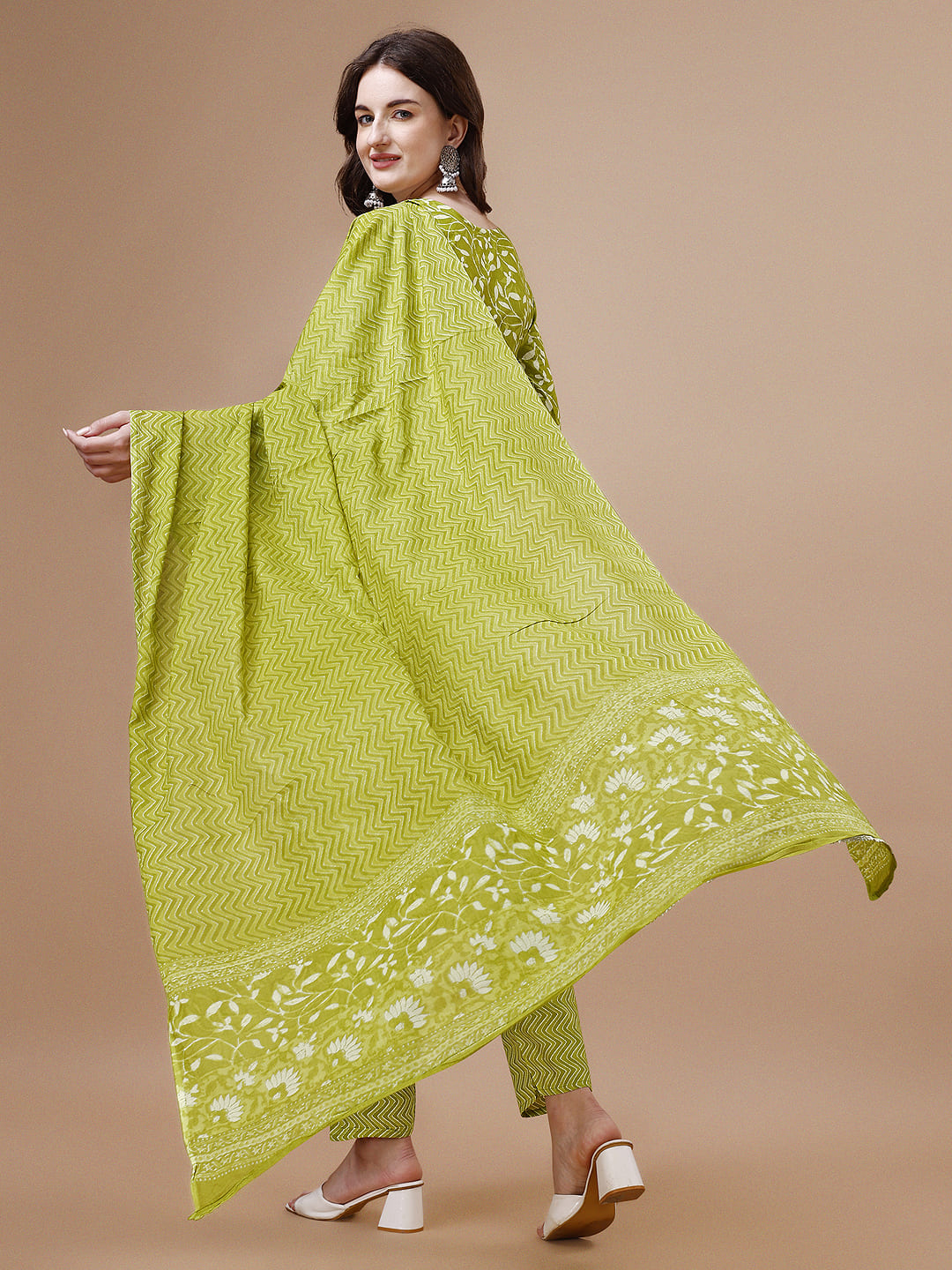 Embroidered & Floral Printed Cotton Kurta With Pant & Dupatta Set, Multicolor - Hiral Fashion - Distacart