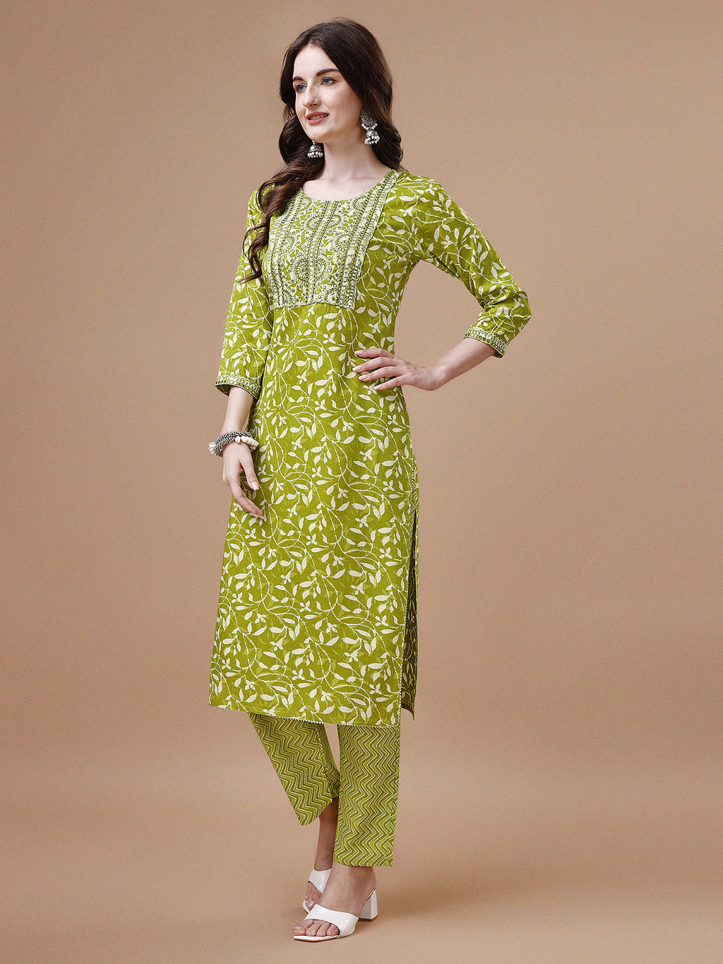 Embroidered & Floral Printed Cotton Kurta With Pant & Dupatta Set, Multicolor - Hiral Fashion - Distacart