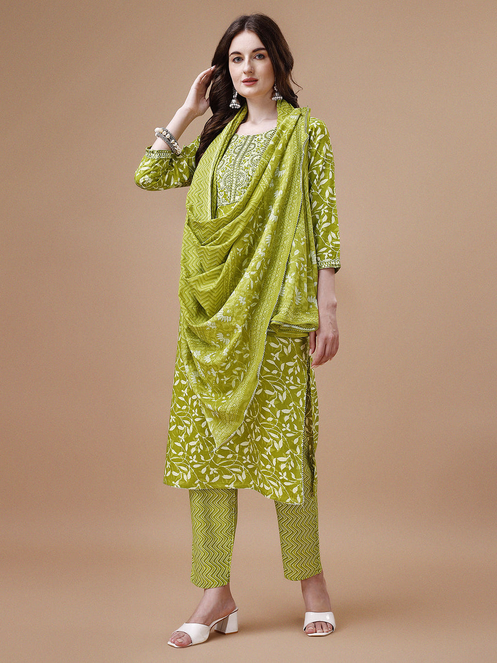 Embroidered & Floral Printed Cotton Kurta With Pant & Dupatta Set, Multicolor - Hiral Fashion - Distacart