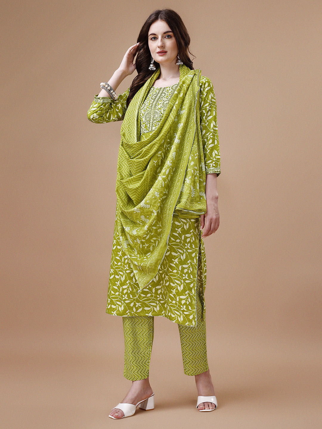 Embroidered & Floral Printed Cotton Kurta With Pant & Dupatta Set, Multicolor - Hiral Fashion - Distacart