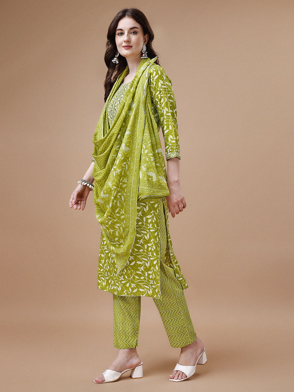 Embroidered & Floral Printed Cotton Kurta With Pant & Dupatta Set, Multicolor - Hiral Fashion - Distacart
