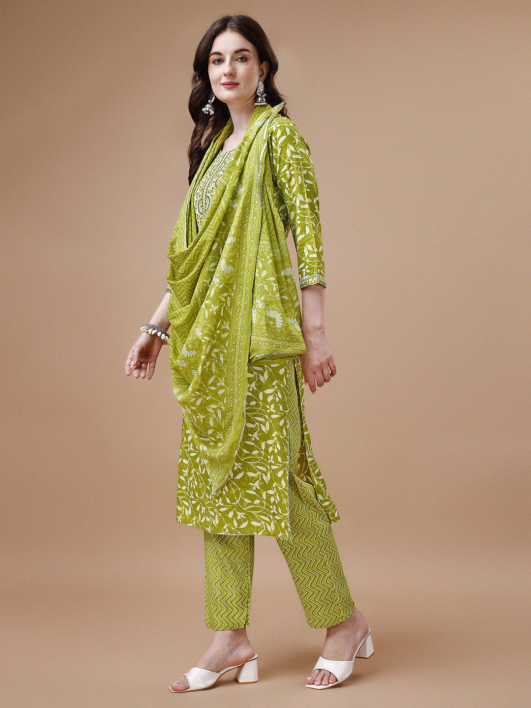 Embroidered & Floral Printed Cotton Kurta With Pant & Dupatta Set, Multicolor - Hiral Fashion - Distacart