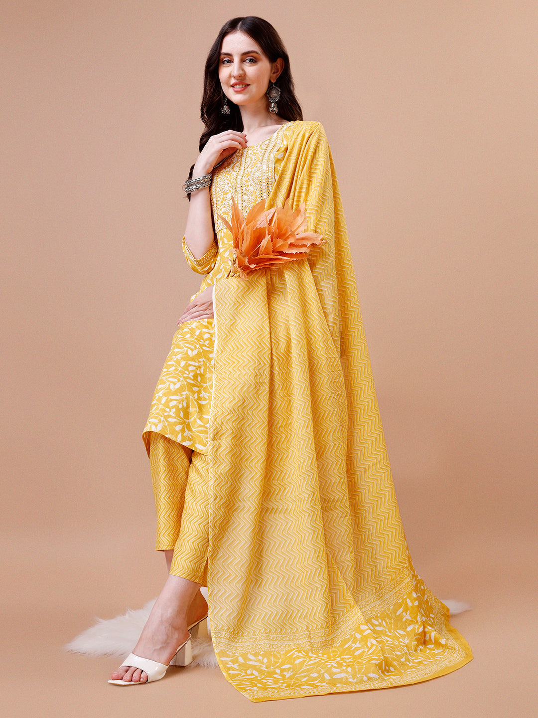 Embroidered & Floral Printed Cotton Kurta With Pant & Dupatta Set, Multicolor - Hiral Fashion - Distacart