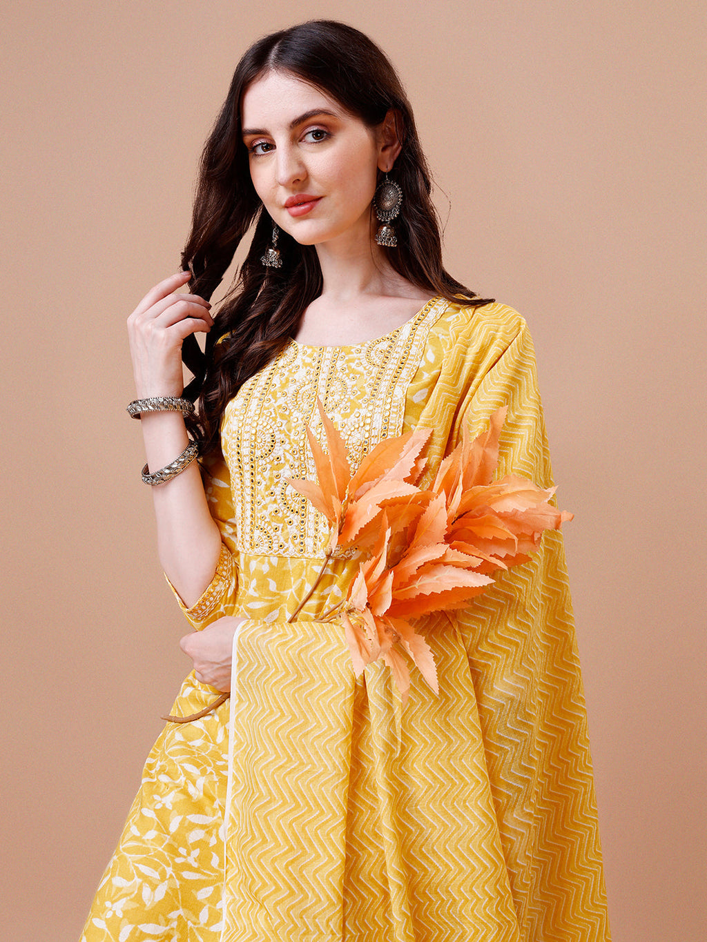 Embroidered & Floral Printed Cotton Kurta With Pant & Dupatta Set, Multicolor - Hiral Fashion - Distacart